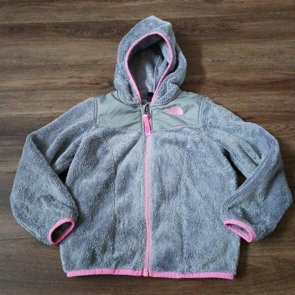 The North Face Jacket Coat Sz 5 Fleece Hood Gray Pink Denali Zip Toddler Girls - Picture 1 of 9